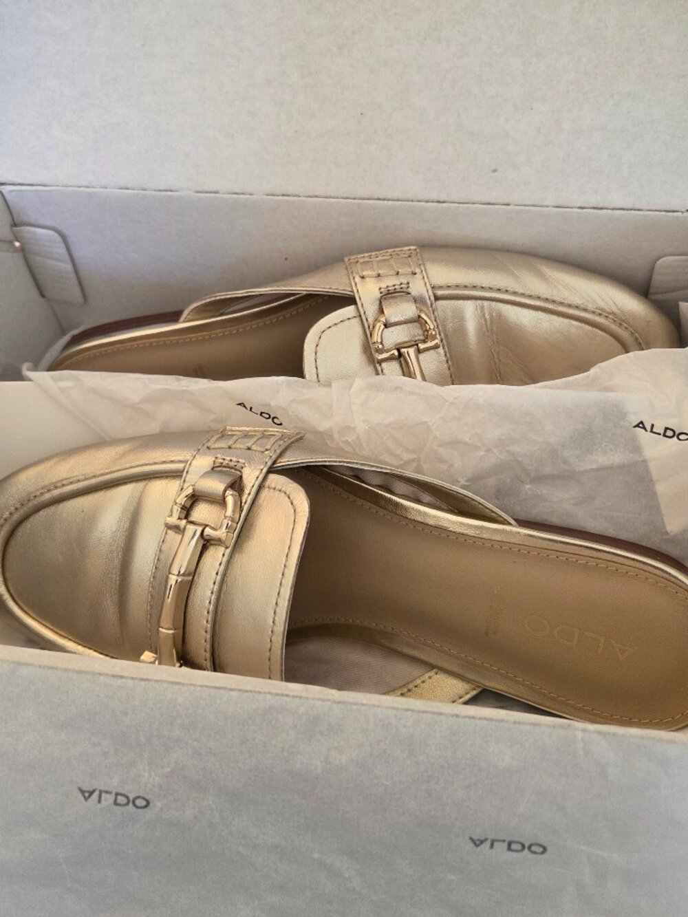 ALDO Gold Metallic Open-Back Loafers | Horsebit / Bridle Detail | Mule Flats